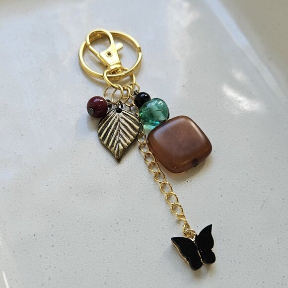 Brown Stone Beaded Keychain with Gold Leaf and Black Butterfly Charms - Picture 7 of 7